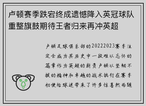 卢顿赛季跌宕终成遗憾降入英冠球队重整旗鼓期待王者归来再冲英超 卢顿赛季跌宕终成遗憾降入英冠球队重整旗鼓期待王者归来再冲英超