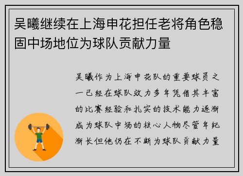 吴曦继续在上海申花担任老将角色稳固中场地位为球队贡献力量 吴曦继续在上海申花担任老将角色稳固中场地位为球队贡献力量