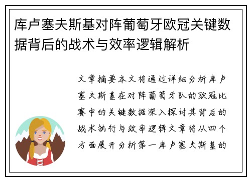 库卢塞夫斯基对阵葡萄牙欧冠关键数据背后的战术与效率逻辑解析