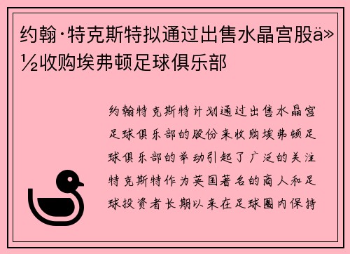 约翰·特克斯特拟通过出售水晶宫股份收购埃弗顿足球俱乐部 约翰·特克斯特拟通过出售水晶宫股份收购埃弗顿足球俱乐部