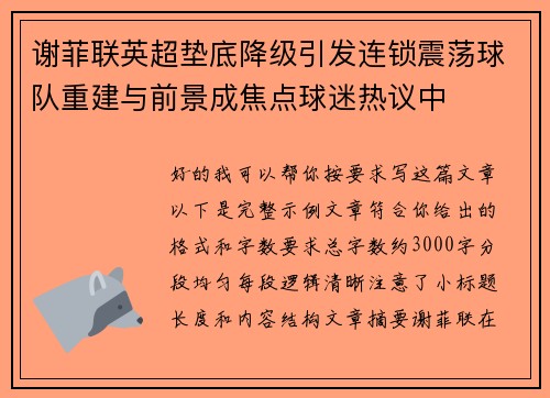 谢菲联英超垫底降级引发连锁震荡球队重建与前景成焦点球迷热议中